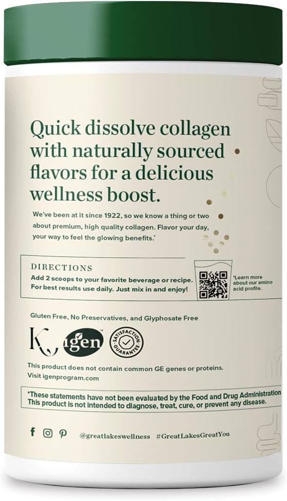 Great Lakes Wellness Collagen Peptides Powder for Skin Hair Nails Joints &amp Digestion - Chai Flavored - Quick Dissolve Hydrolyzed Non-GMO Kosher - 10 oz