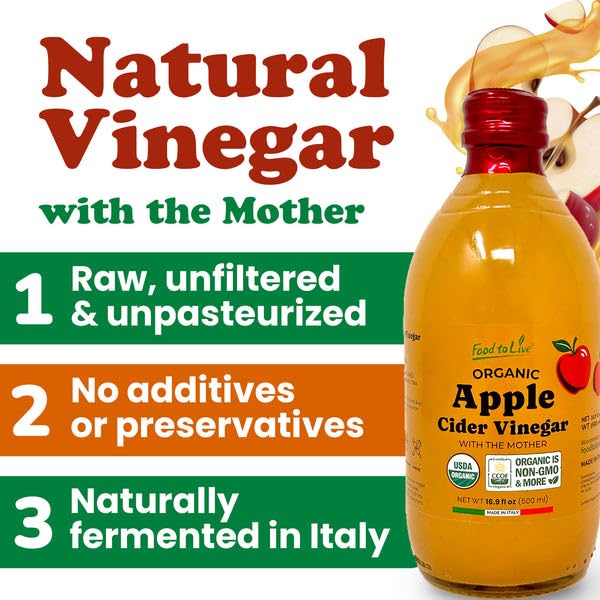 Food To Live Organic Apple Cider Vinegar 500 ml – Raw Italian Natural Vinegar with the Mother Unfiltered Unpasteurized Non-GMO Vegan Bulk Glass Bottle (Pack of 6)