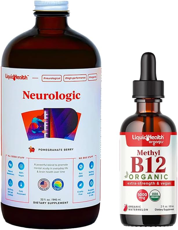 LIQUIDHEALTH Neurologic Nootropic Focus Supplement &amp Organic Methyl B12 5000mcg Vitamin Drops with Tart Cherry Juice for Immune Support Improved Memory &amp Concentration Natural Energy Overal