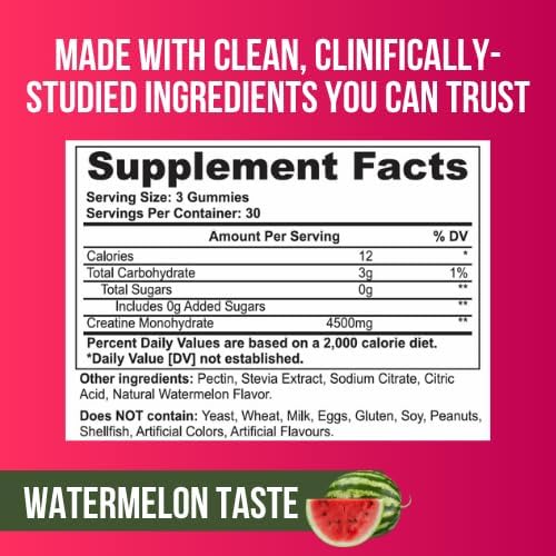 Creatine Monohydrate Gummies – 90 Count 4500mg Creatine Supplement Energy Chews – Delicious Watermelon Flavor – No Added Sugars Artificial Flavors – Ideal for Gym Pre Workout Gummies