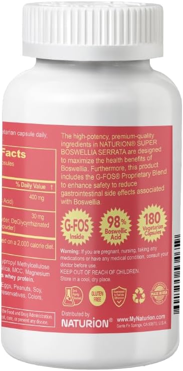 Super Boswellia Serrata with G-FOS - 98% Boswellic Acid - Supports Joint &amp Mobility Health - 180 Vegan Capsules 180 Day Supply