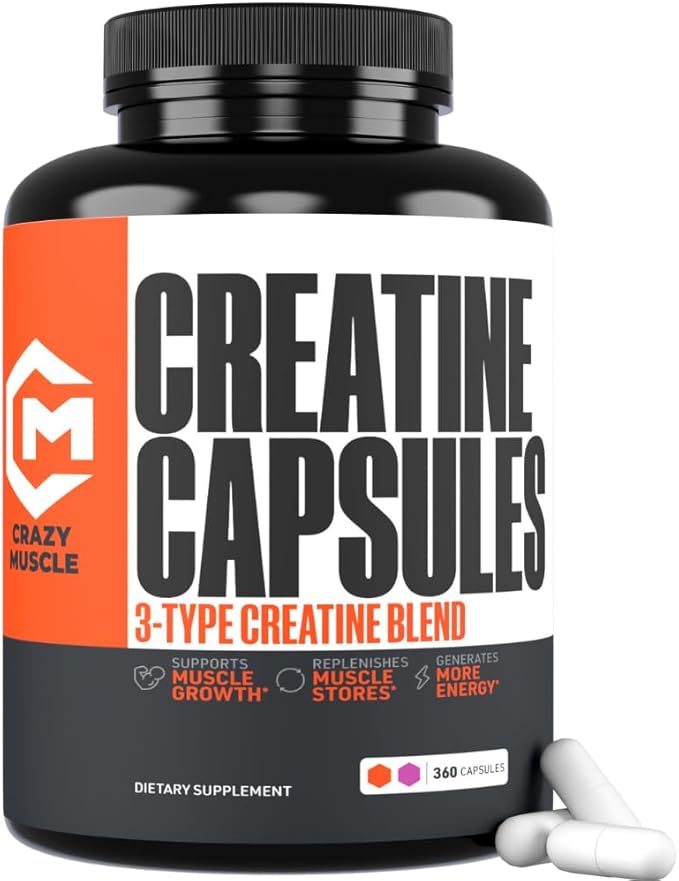 Crazy Muscle Creatine Capsules 5g of Premium 3X ThreeAtine Pre Workout Bulk Mass Gainer High Absorption Easy to Take Creatine Monohydrate Optimum Performance for Men Women 360 Capsules