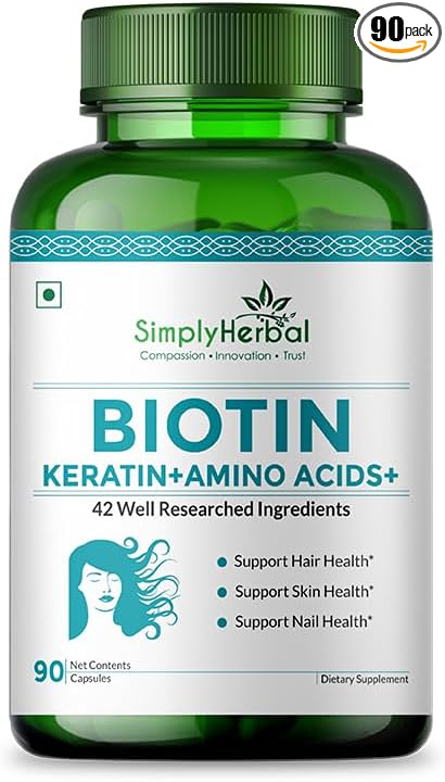 Simply Herbal Natural Biotin (Vitamin B7) Capsules for Healthy Hair Radiant Skin &amp Strong Nails - Enhanced with Keratin Multivitamins &amp Amino Acids - 90 Vegetarian Capsules for Men &amp Wom