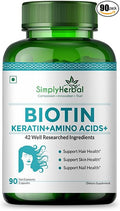 Simply Herbal Natural Biotin (Vitamin B7) Capsules for Healthy Hair Radiant Skin &amp Strong Nails - Enhanced with Keratin Multivitamins &amp Amino Acids - 90 Vegetarian Capsules for Men &amp Wom