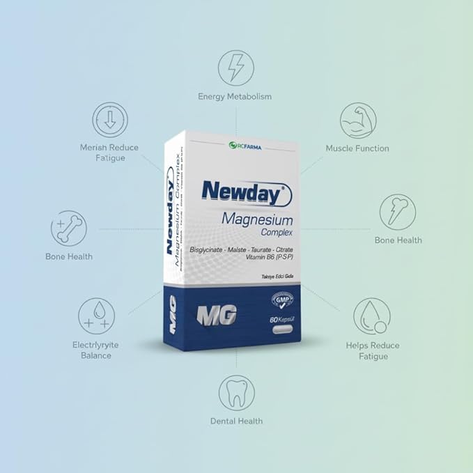 Newday Magnesium Complex with Vitamin B6 (P-5-P) High Absorption Magnesium Bisglycinate Malate Taurate Citrate for Muscle Function Nerve Health Energy Support 60 Capsules