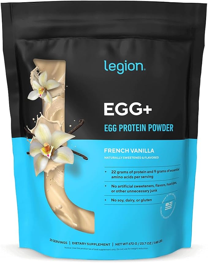 LEGION Egg+ Protein Powder with BCAAs - Naturally Sweetened and Flavored Egg White Protein Powder - Fast Digesting Protein for Muscle Growth and Strength Vanilla 20 Servings