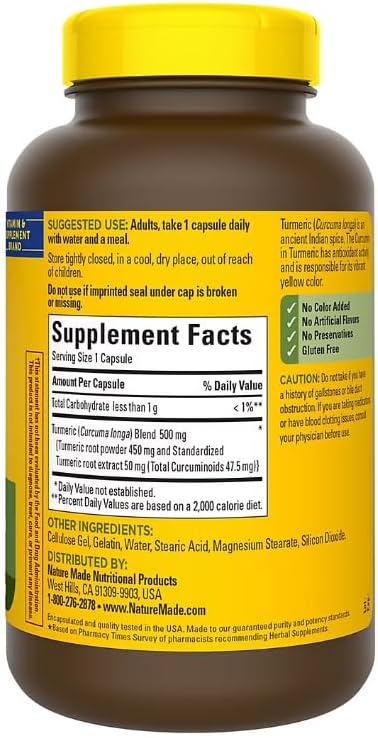 Nature Made Turmeric Curcumin with Standardized Extract Herbal Supplement Provides Antioxidant Benefits 180 Capsules