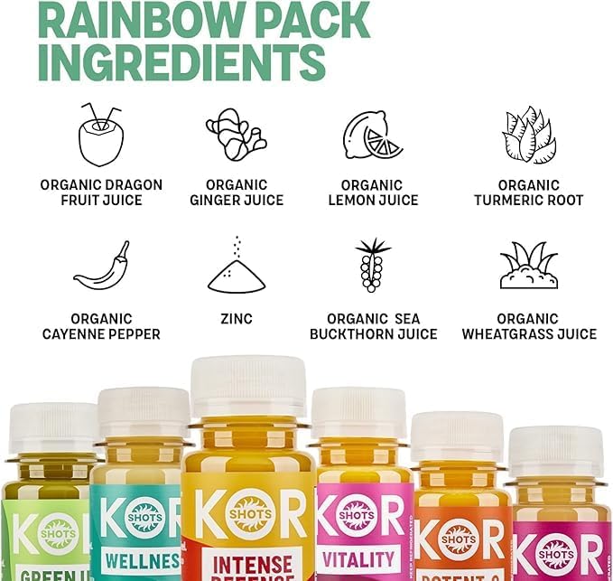 Kor Shot Variety Shot Pack - 24 Pack x 1.7 Fl Oz - Rainbow Pack - Fresh Nutrient Rich Juice Shots - USDA Certified Organic