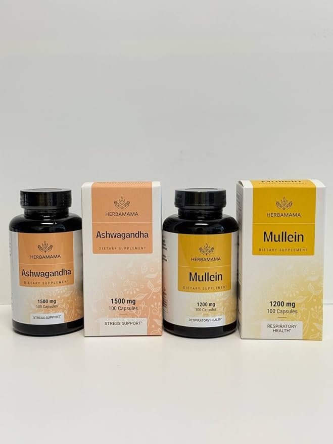 HERBAMAMA Ashwagandha and Mullein Kit - Bundle of 1500 mg Ashwagandha Root &amp 1200 mg Mullein Leaf Capsules 100 Caps - Vegan Non-GMO Sugar &amp Alcohol-Free - 2 Pack