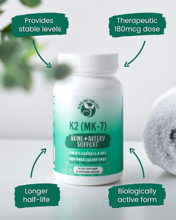 Alkaline for Life Vitamin K as MK-7| Natural Vitamin K2 from Fermented Chickpeas MENAQ7 180 mcg |One-per Day| 60 Day Supply Supports Bone &amp Heart Health | Easy to Swallow