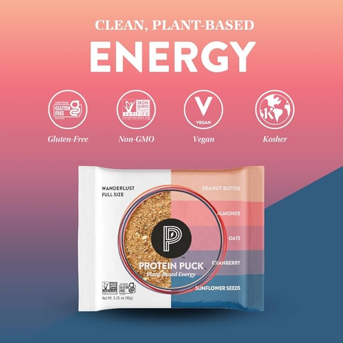 Protein Puck Plant Based Bars | Snacks with Vegan Protein | 16 Count | 3.25 oz Full Size | Gluten Free Non Dairy Kosher Certified Non GMO Premium Healthy Bars | Wanderlust