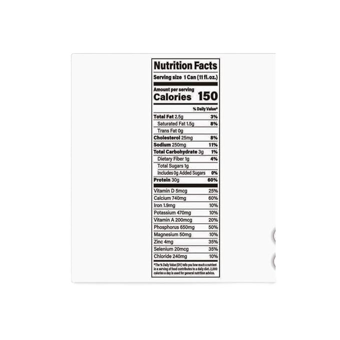 5-Chocolate and 4-Vanilla-nurri. Ultra-Filtered Milk Shake 30g Protein 1g Sugar 150 Calories 10 Vitamins and Minerals Per Can | 9-11 Fl Oz Cans Per Package Grade A Lactose-Free