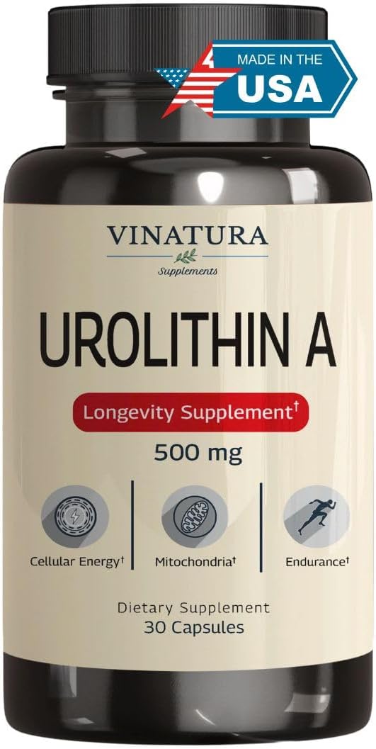 VINATURA Urolithin A Supplement 500mg - Urolithin A+ for Powerful Antioxidants Anti Aging and Mitochondrial Support 30 Capsules