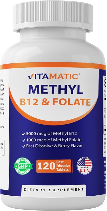 Vitamatic Methyl Folate &amp B12 Supplement with Pyridoxal 5 Phosphate (P-5-P) - Promotes Cardiovascular Health &amp Energy Metabolism - 120 Fast Dissolve Tablets - Non GMO &amp Gluten Free-2 Pack