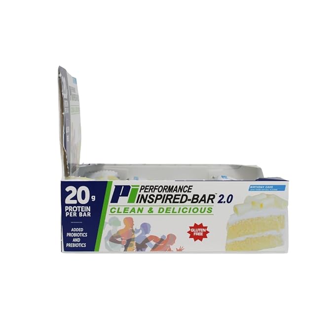 Performance Inspired Nutrition Protein Bar 2.0 – 20G Protein 6G Fiber 3G MCTs 1 Billion CFU Probiotics – Gluten-Free – Birthday Cake Flavor – 12 Count