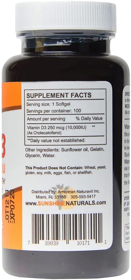 Sunshine Naturals Vitamin D3 Dietary Supplement. High Strength for Immune System Support Bone Health Mood Boost and Muscle Function. Supports Healthy Calcium Absorption. 100 Gels.
