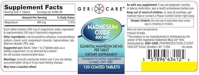 GeriCare Magnesium Oxide Supplement 240 mg - Elemental Magnesium 120 Coated Tablets – Essential Mineral Support - Promotes Vascular Health Bone Strength and Muscle Function (Pack of 6)