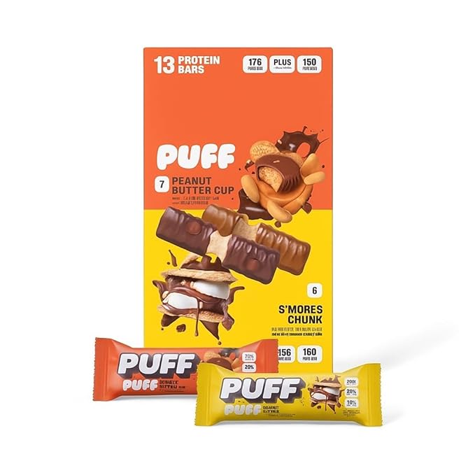 Puff Protein Bars7 Peanut Butter Cup 6 S'more Chunk Flavor 17g Protein Gluten Free 19.2 oz 13 Variety Pack.