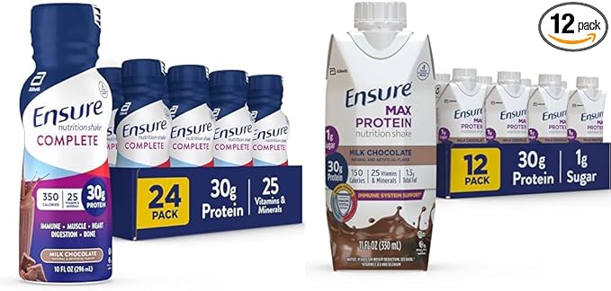 Ensure COMPLETE Nutrition Shake &amp Max Protein Nutrition Shake with 30g of Protein 1g of Sugar High Protein Shake Milk Chocolate 11 Fl Oz (Pack of 12) Liquid Halal