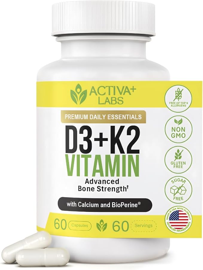 Vitamin D3 &amp K2 – Vegan Non-GMO Bone &amp Teeth Support Supplement – Immune &amp Muscle Function – Heart Health D3 K2 Vitamins for Men &amp Women Gluten &amp Sugar Free–60 Days Supply