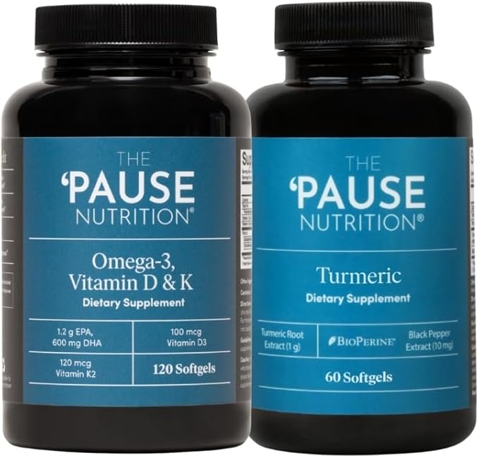 The 'Pause Life Turmeric + Omega 3 with Vitamin D &amp K2 Supplements Bundle Bone Joint &amp Immune Support Natural Ingredients Gluten Free Dairy Free Unflavored Softgels 60 &amp 120 Count