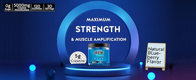 Creatine Monohydrate Gummies for Men &amp Women-5g of Creatine Monohydrate per Serving- Help Increase Strength and Build MuscleSugar FreeVeganBlueberry Flavor 120 Count
