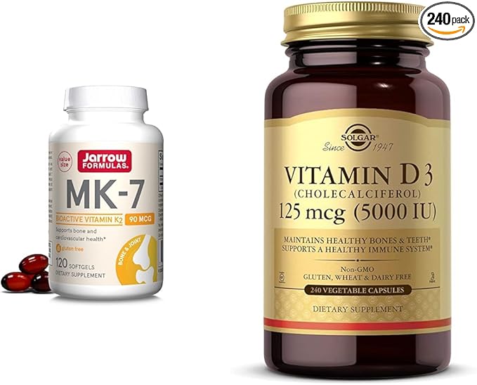 Jarrow Formulas MK7 Promotes Bone Health 90 mcg 120 Softgels &amp Solgar Vitamin D3 (Cholecalciferol) 125 mcg (5000 IU) 240 Vegetable Capsules - Helps Maintain