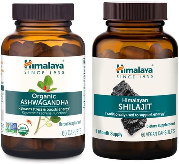 Himalaya Organic Ashwagandha and Shilajit Extract Supplements for Stress Relief &amp Energy Support 60 Count (Pack of 2)