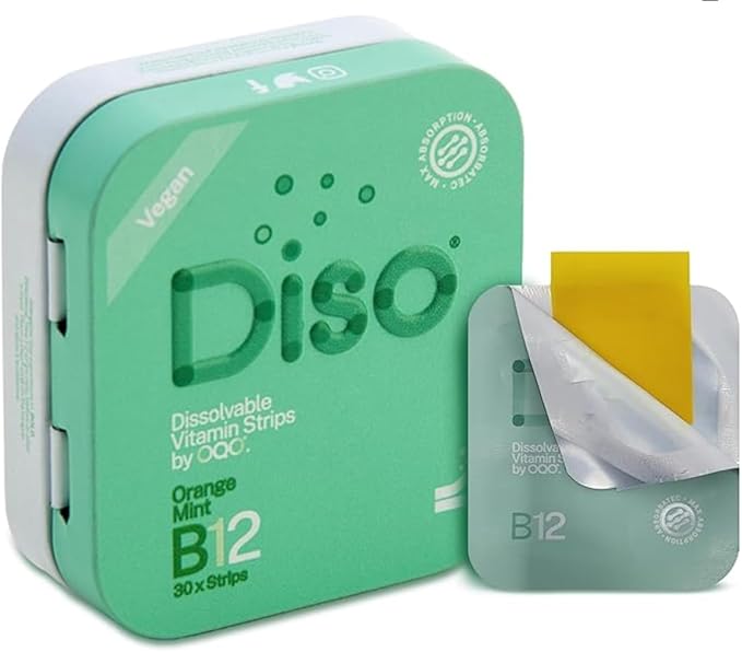 DISO - Vitamin B12 - Fast-Dissolving Oral Strips for Tiredness and Fatigue Orange Mint Flavor Vegan Sugar Free Maximum Absorption Gluten Free Individually Wrapped 30 Dissolvable Strips