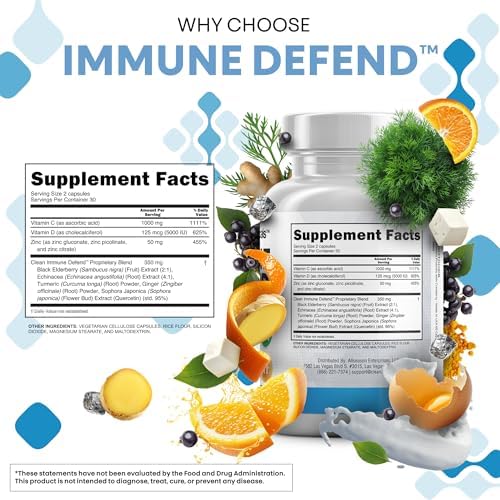 Clean Nutraceuticals Immune Defense Support Supplement 8 in 1 with Zinc 50mg Quercetin VIT C 1000mg Vitamin D3 5000 IU Elderberry Ginger - Immunity System Booster for Adults Vegan - 60 Count