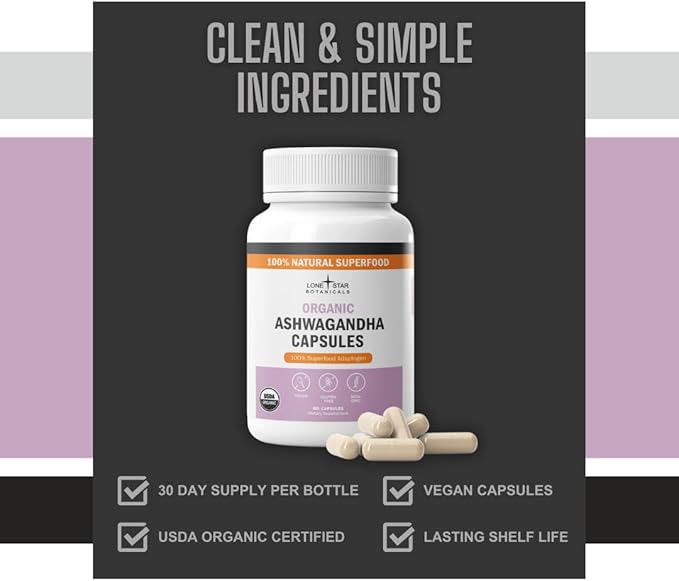 Organic Ashwagandha Capsules – 100% Pure Adaptogenic Superfood Made in the USA Natural Stress &amp Mood Support Convenient Daily Supplement – 60 Capsules per Bottle