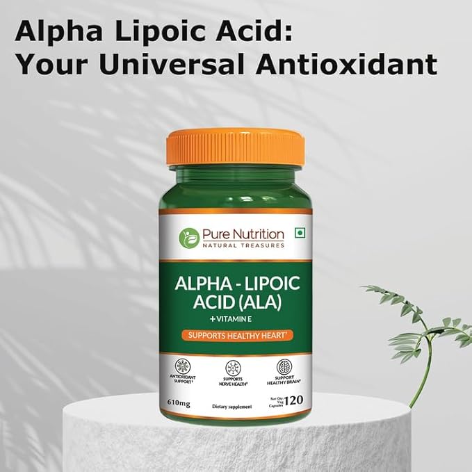 Pure Nutrition Alpha Lipoic Acid 600mg + Vitamin E | 120 Caps | Powerful Antioxidant to Support Nerve &amp Heart Health*. | Non-GMO