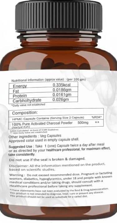 Activated Charcoal Veg Capsules 500mg - Natural Cleaner and Teeth Whitening Gluten-Free High Absorbency Formula for Men and Women- 60 Veg Capsules