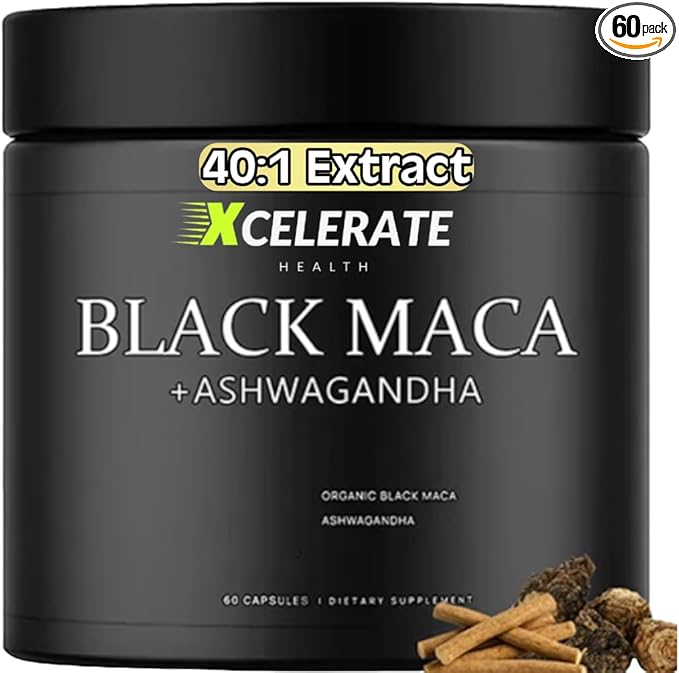 40:1 Black Maca Root Extract + Ashwagandha Capsules (40000MG) – Natural Energy Focus Mood &amp Vitality Support for Men &amp Women – Herbal Adaptogen Blend – 60 Vegan Capsules