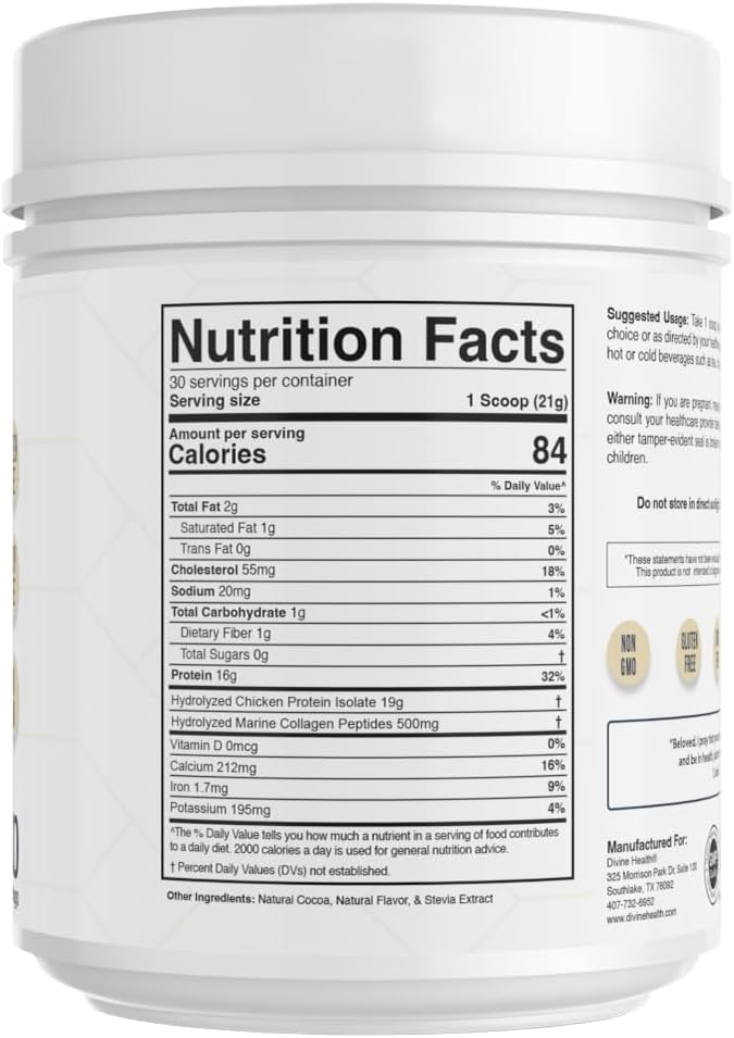 Dr. Colbert MD Hydrolyzed Collagen Powder | Chocolate Coconut Flavor | by Divine Health | Type I II III Collagen | Support Healthy Hair Skin Nails and Joints | Keto Zone | 630g | 30 Servings