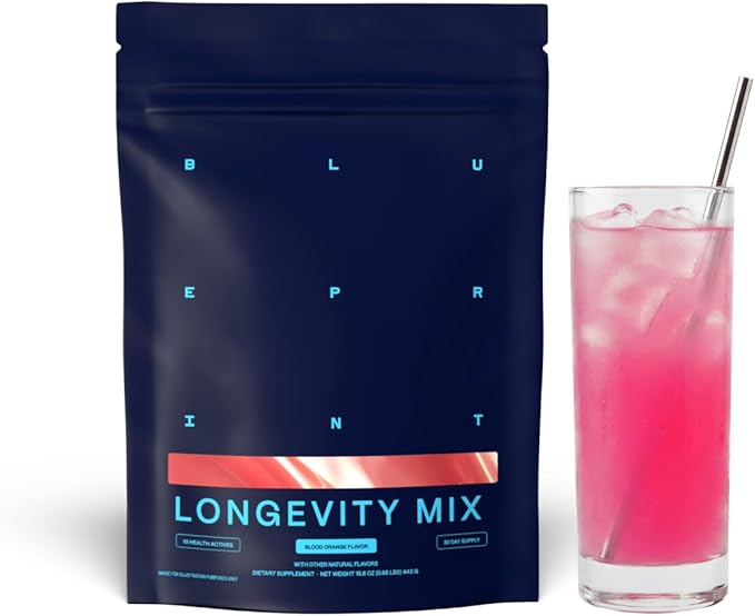 Blueprint Bryan Johnson Longevity Mix - Muscle Builder &amp Recovery Supplement - Promotes Focus and Balanced Mood - Magnesium Creatine L-Theanine Glutathione &amp Vitamin C- 30 Servings Blood O