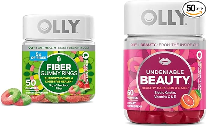 OLLY Fiber Gummy Rings 5g Prebiotic Fiber FOS (Fructo-oligosaccharides) Digestive Support &amp Undeniable Beauty Gummy for Hair Skin Nails Biotin Vitamin C Keratin Chewable Supplement