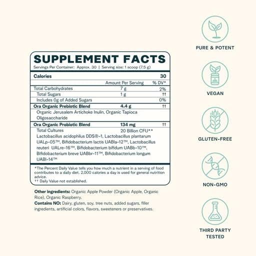 Ora Organic Prebiotic and Probiotic Powder Supplement - 20 Billion Probiotics 7 Strains for Best Prebiotic Powder Non-GMO Probiotics for Women Men &amp Kids - Apple Raspberry Flavor 30 Servings…