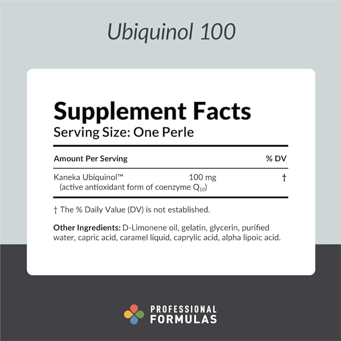Professional Formulas Ubiquinol 100 - Kaneka Ubiquinol Active antioxidant Form of coenzyme Q10 to Support maintaining Healthy Immune and Circulatory Systems - Gluten Free 60 Perles Orange
