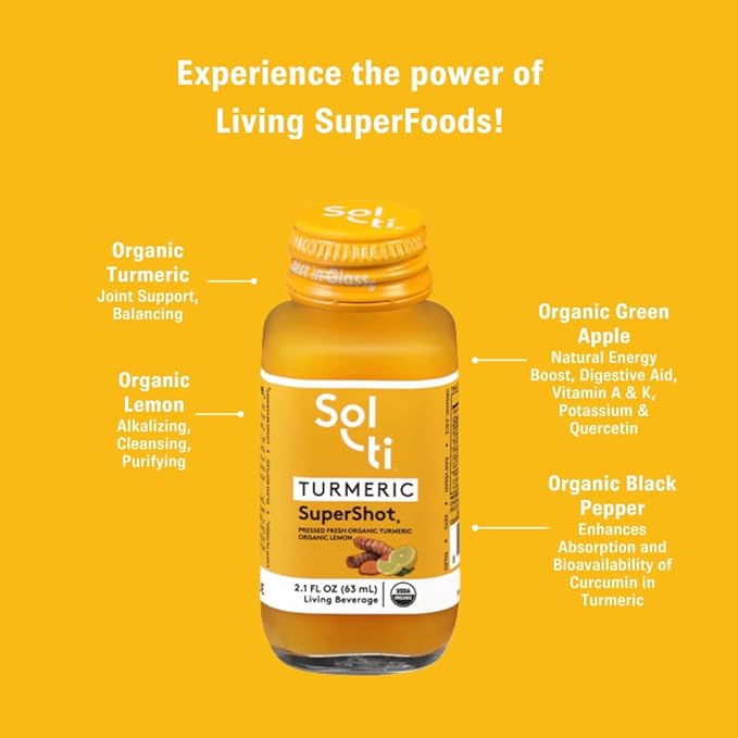 Sol-ti Organic Turmeric SuperShot Drink Black Pepper Enhances Absorption and Bioavailability of Curcumin in Turmeric to Aid in Joint Support SuperFood 12 Pack (2.1 Fl oz)