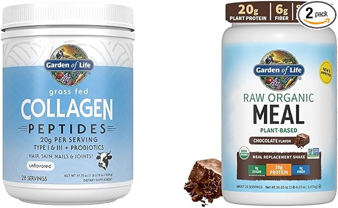 Garden of Life Grass Fed Hydrolyzed Collagen Protein Supplements Peptides Powder 19.75 Oz &amp Tasty Organic Chocolate Meal Replacement Shake Vegan 20g