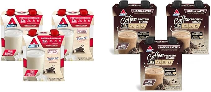 Atkins Vanilla Cream Meal Size Protein Shake 23g Protein Low Glycemic 3g Carb &amp Mocha Latte Iced Coffee Protein Shake 15g Protein Low Glycemic 4g Net Carb 1g Sugar