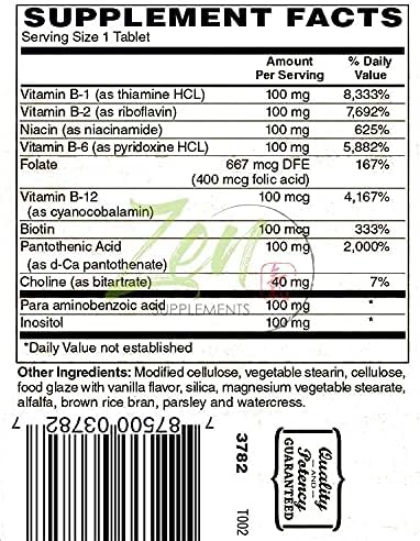 Complete B-Complex Vitamin Supplement - B Vitamin Supplement Complex with Folic Acid Biotin Inositol - for Immune &amp Cardio Health Energy Metabolism - 100 Sustained-Release Tablets