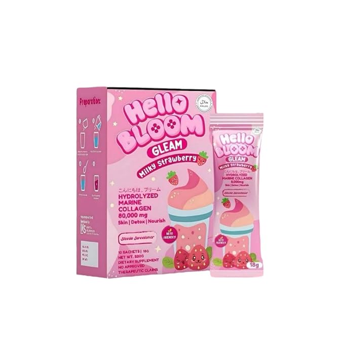 Hello Bloom Gleam Collagen Mix Drinks by Kiray Celis (1 Pack Milky Strawberry)