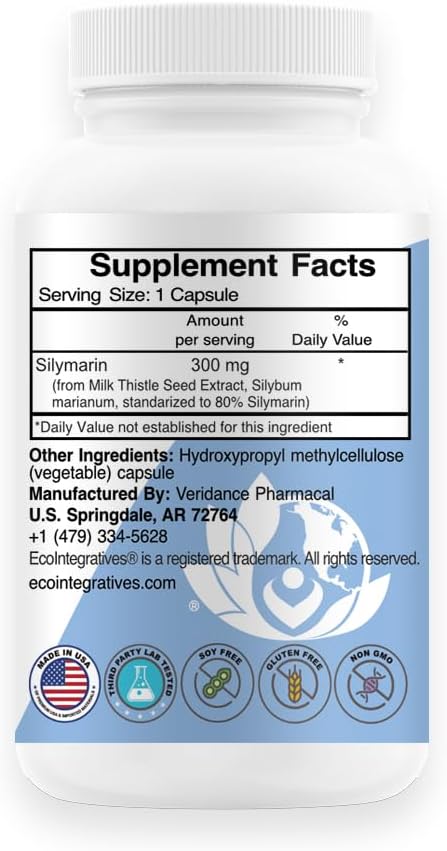 Silymarin 300 – Standardized Milk Thistle Extract with Silybin 300 mg – Liver and Kidney Health Liver Detox and Cleanse Antioxidants – Vegan - 180 Vegetable Capsules
