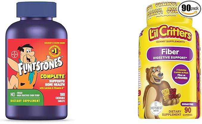 Flintstones Vitamins Chewable Kids Vitamins Complete Multivitamin &amp L’il Critters Fiber Daily Gummy Supplement for Kids for Digestive Support Berry and Lemon Flavors 90 Gummies