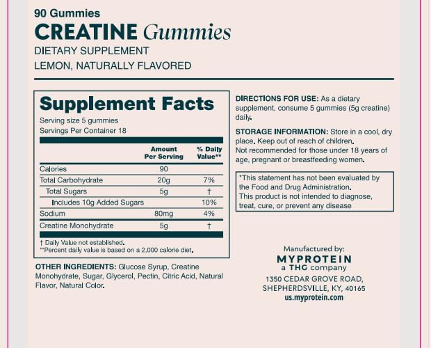 Myprotein Creatine Gummies 5g Creatine Monohydrate per Serving Lemon 90 Count 18 Servings Chewable Post/Pre Workout Strength &amp Recovery Sports Nutrition Supplement Vegan Non-GMO