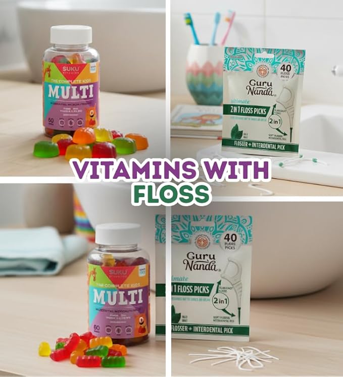 3X Suku Vitamins Kids Multivitamin Gummy 60 PC Bundle with Floss Picks Dental 40 PC – Daily Nutrient Support Gummies with Essential Vitamins and Convenient Oral Care – Gift Set (4 Items)