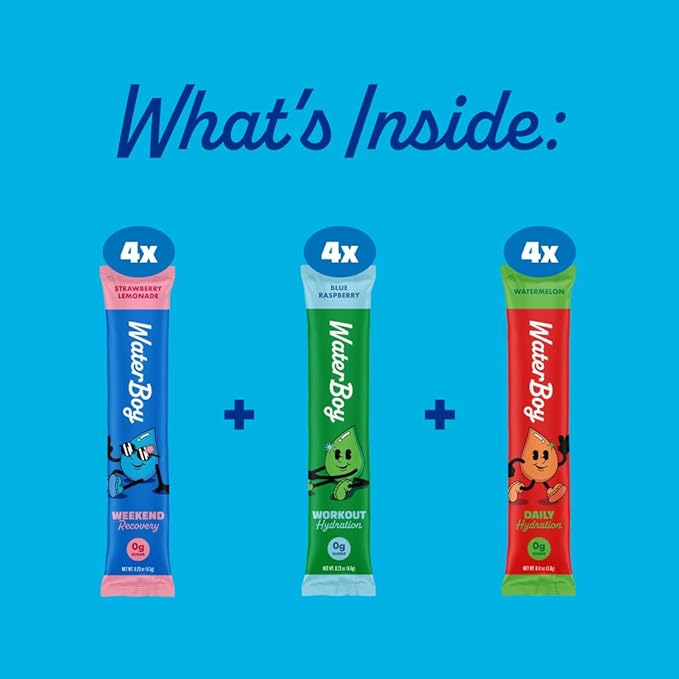Waterboy Hydration Recovery Variety | 4-9x Electrolyte Powder Packets | Ginger + L-Theanine + L-Glutamine + Vitamins | No Sugar All Natural Gluten Free | 12 Drink Stick Mixes (Variety Pack)