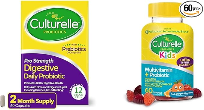 Culturelle Pro Strength Daily Probiotic Digestive Health Capsules 60 Count Kids Probiotic Gummies Peach-Orange &amp Mixed Berry 60 Count